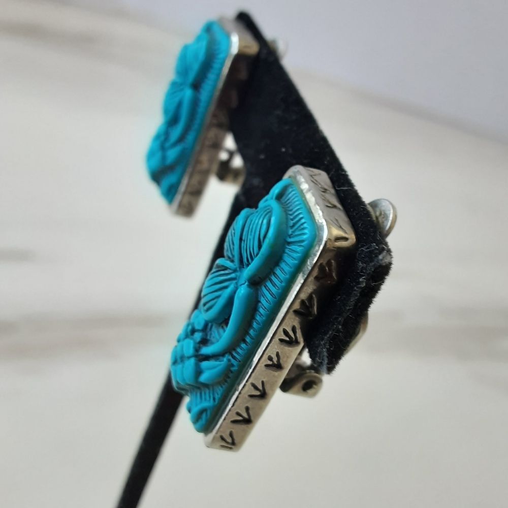 Southwestern Faux Turquoise Resin Lacquer Floral Stainless Steel Earrings - Vtg